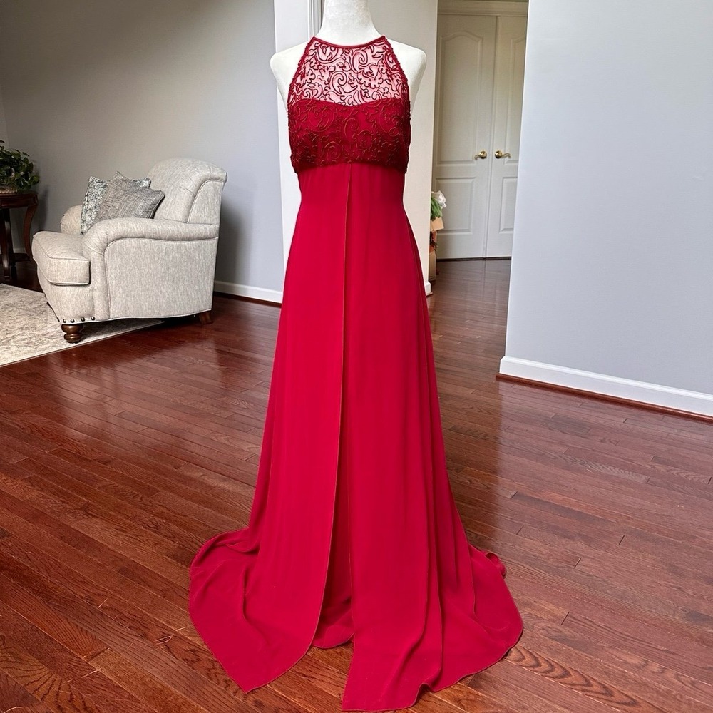 Vintage Y2K Red‎ Embroidered Floor Length Gown Dress Sherri Hill Cache Femme